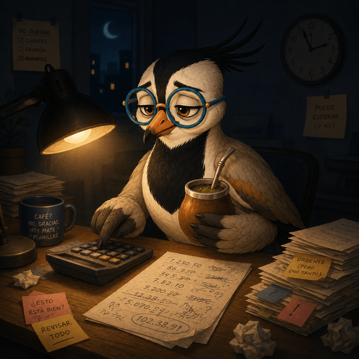 La Tera cansada con calculadora de noche